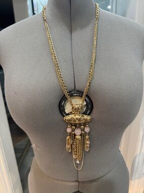 Gold Statement Tassel Pendant Necklace with Pink Beads